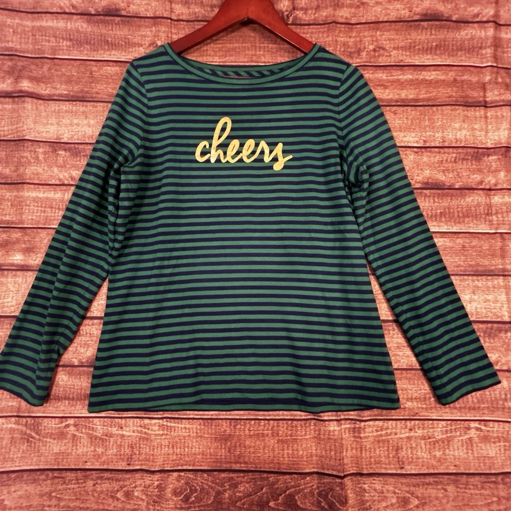 Talbots Womens Green Navy Striped Cheers Graphic Long Sleeve Cotton Tee M